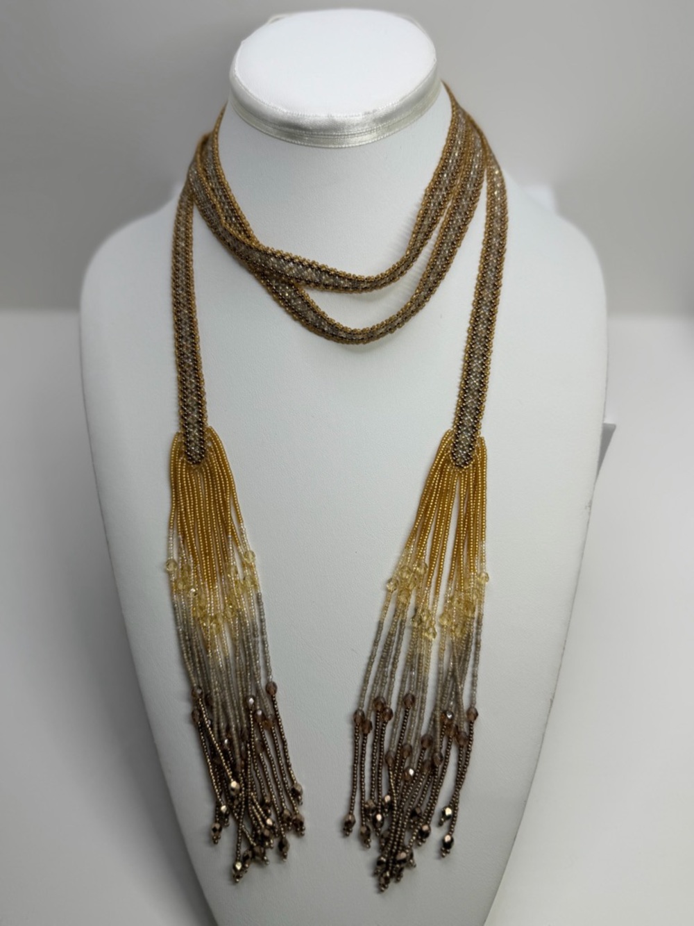 Gold and Brown Beaded Tassel Necklace